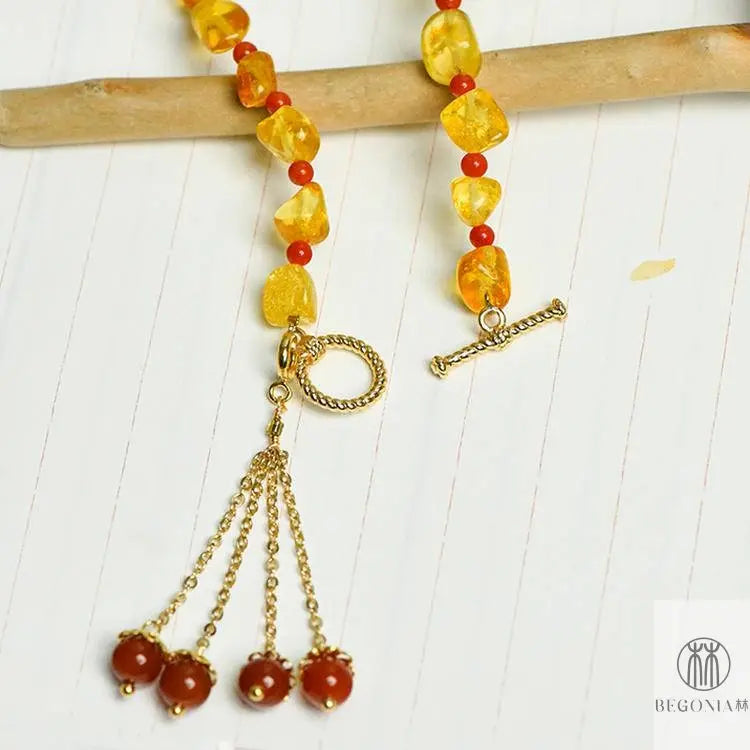 Amber Necklace: Warm Sun Tassel Dainty Collarbone Chain - Begonia L