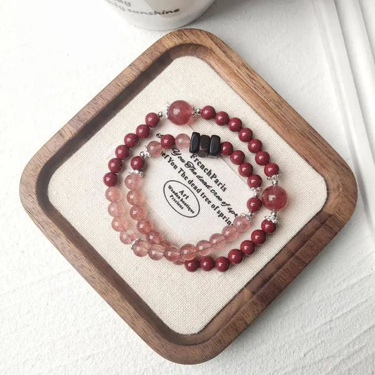 “Berry Wish” Strawberry Quartz × Cinnabar × Agarwood Double-Wrap Bracelet - Begonia L