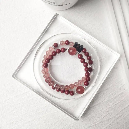 “Berry Wish” Strawberry Quartz × Cinnabar × Agarwood Double-Wrap Bracelet - Begonia L