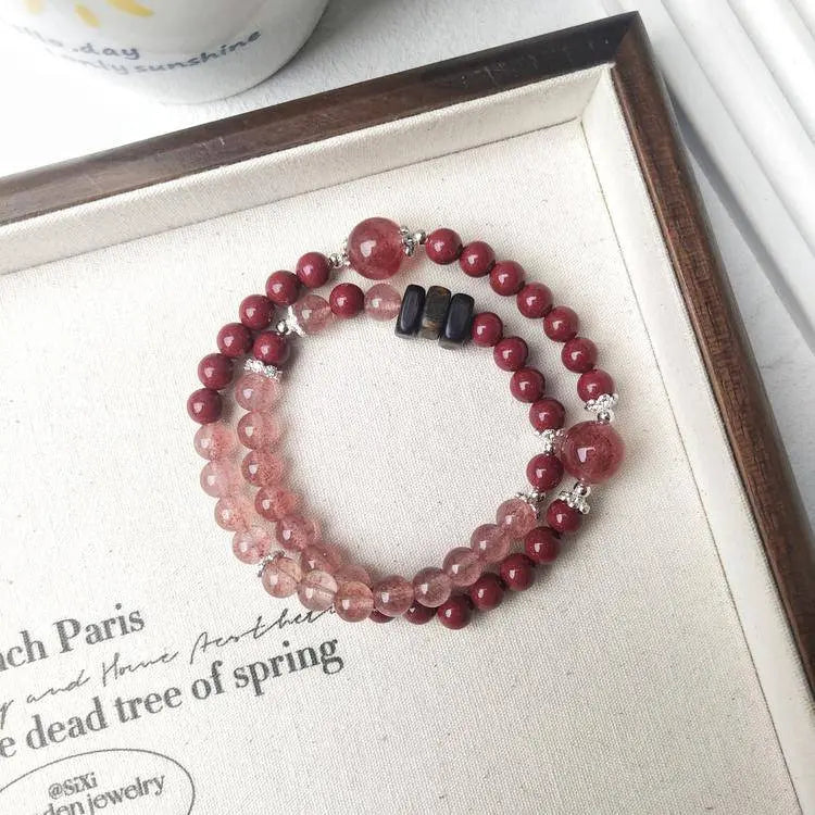 “Berry Wish” Strawberry Quartz × Cinnabar × Agarwood Double-Wrap Bracelet - Begonia L