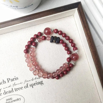 “Berry Wish” Strawberry Quartz × Cinnabar × Agarwood Double-Wrap Bracelet - Begonia L