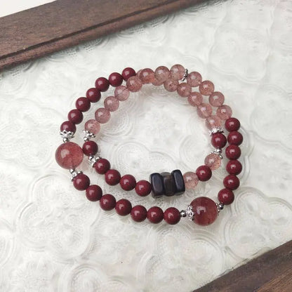 “Berry Wish” Strawberry Quartz × Cinnabar × Agarwood Double-Wrap Bracelet - Begonia L