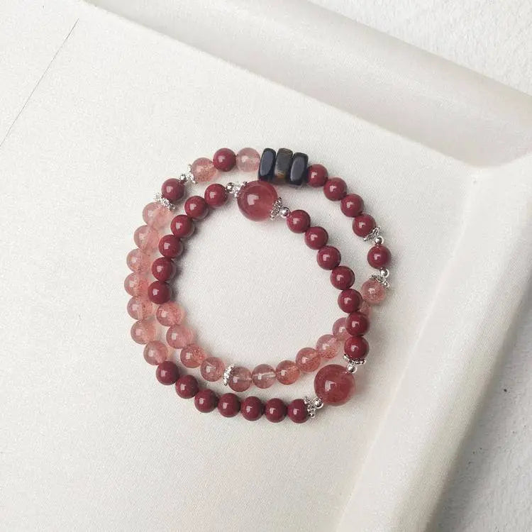 “Berry Wish” Strawberry Quartz × Cinnabar × Agarwood Double-Wrap Bracelet - Begonia L