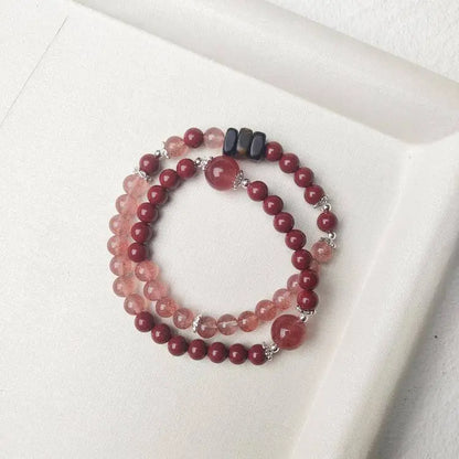 “Berry Wish” Strawberry Quartz × Cinnabar × Agarwood Double-Wrap Bracelet - Begonia L