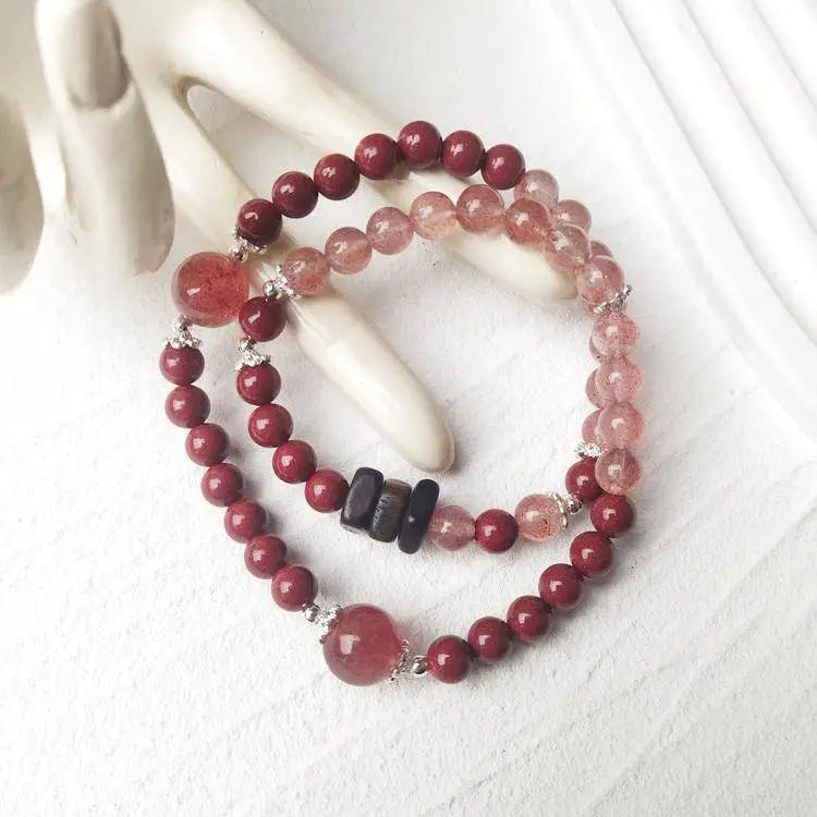 “Berry Wish” Strawberry Quartz × Cinnabar × Agarwood Double-Wrap Bracelet - Begonia L