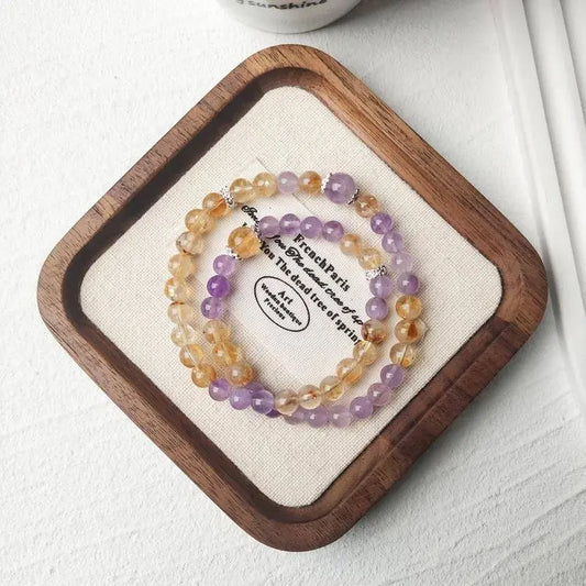 “Twilight Champagne” Golden Rutile Quartz × Lavender Amethyst Double-Wrap Bracelet - Begonia L