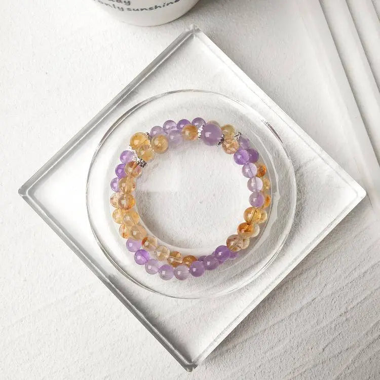 “Twilight Champagne” Golden Rutile Quartz × Lavender Amethyst Double-Wrap Bracelet - Begonia L