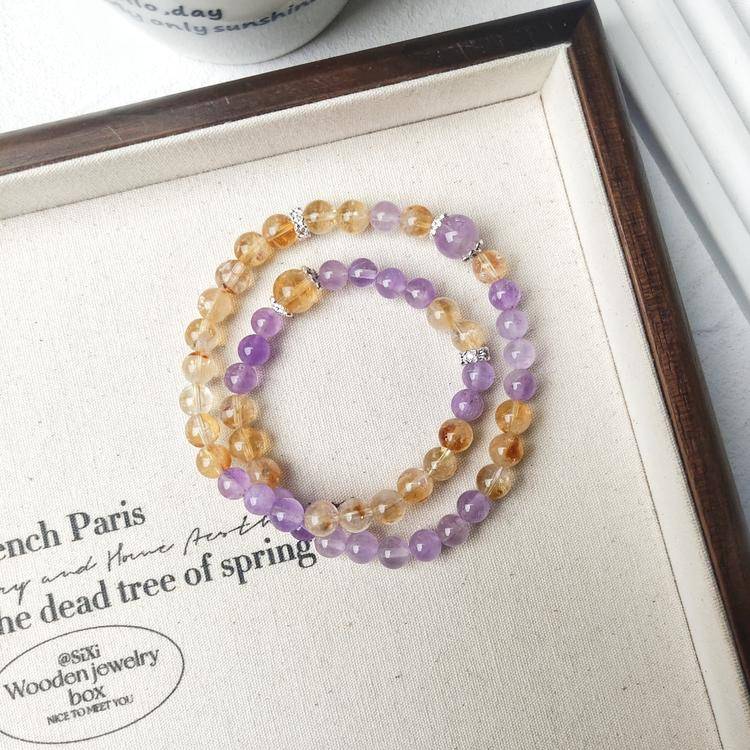“Twilight Champagne” Golden Rutile Quartz × Lavender Amethyst Double-Wrap Bracelet - Begonia L