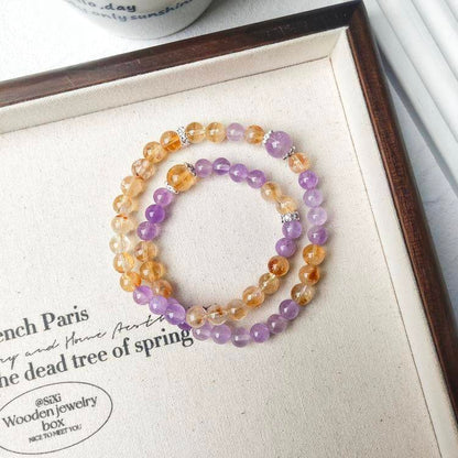“Twilight Champagne” Golden Rutile Quartz × Lavender Amethyst Double-Wrap Bracelet - Begonia L