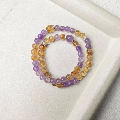 “Twilight Champagne” Golden Rutile Quartz × Lavender Amethyst Double-Wrap Bracelet - Begonia L