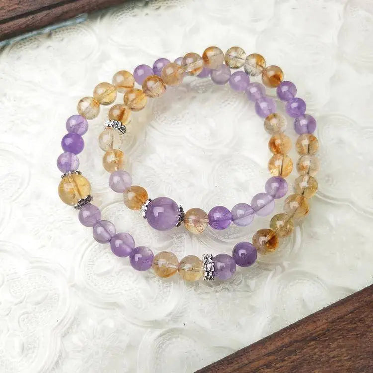 “Twilight Champagne” Golden Rutile Quartz × Lavender Amethyst Double-Wrap Bracelet - Begonia L