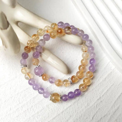 “Twilight Champagne” Golden Rutile Quartz × Lavender Amethyst Double-Wrap Bracelet - Begonia L
