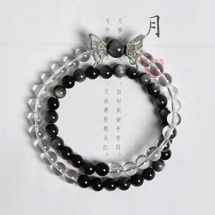 “Metamorph” Clear Quartz & Silver Obsidian Butterfly Bracelet - Begonia L