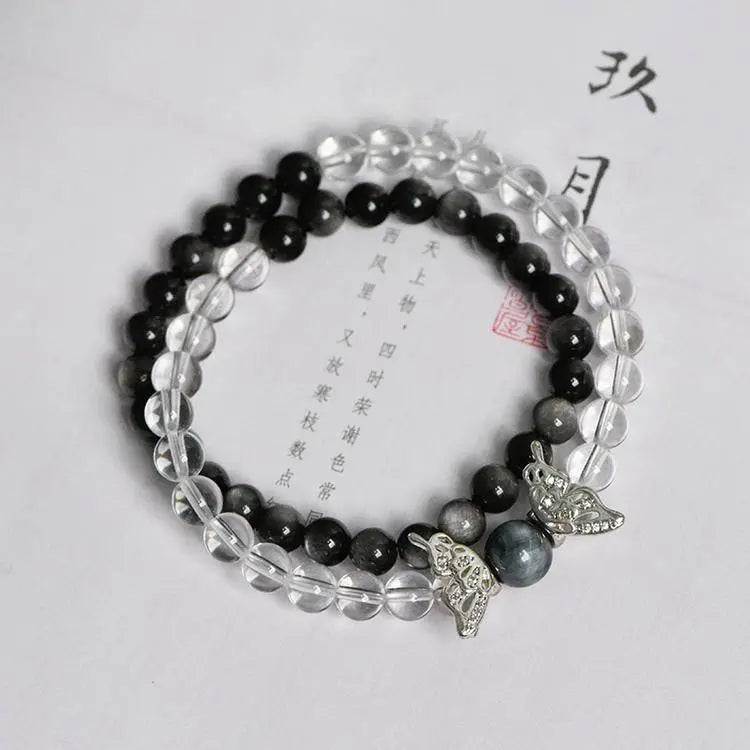 “Metamorph” Clear Quartz & Silver Obsidian Butterfly Bracelet - Begonia L