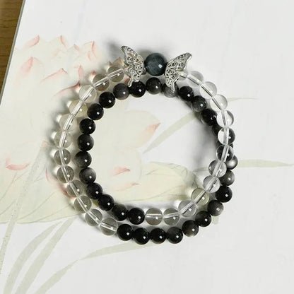 “Metamorph” Clear Quartz & Silver Obsidian Butterfly Bracelet - Begonia L