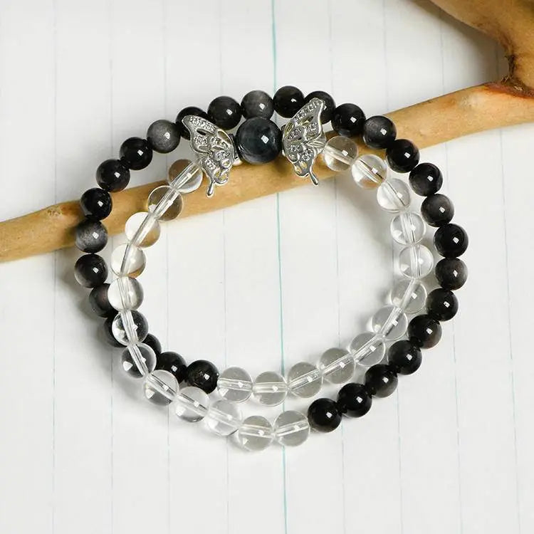 “Metamorph” Clear Quartz & Silver Obsidian Butterfly Bracelet - Begonia L