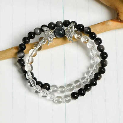 “Metamorph” Clear Quartz & Silver Obsidian Butterfly Bracelet - Begonia L