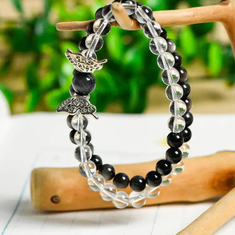 “Metamorph” Clear Quartz & Silver Obsidian Butterfly Bracelet - Begonia L