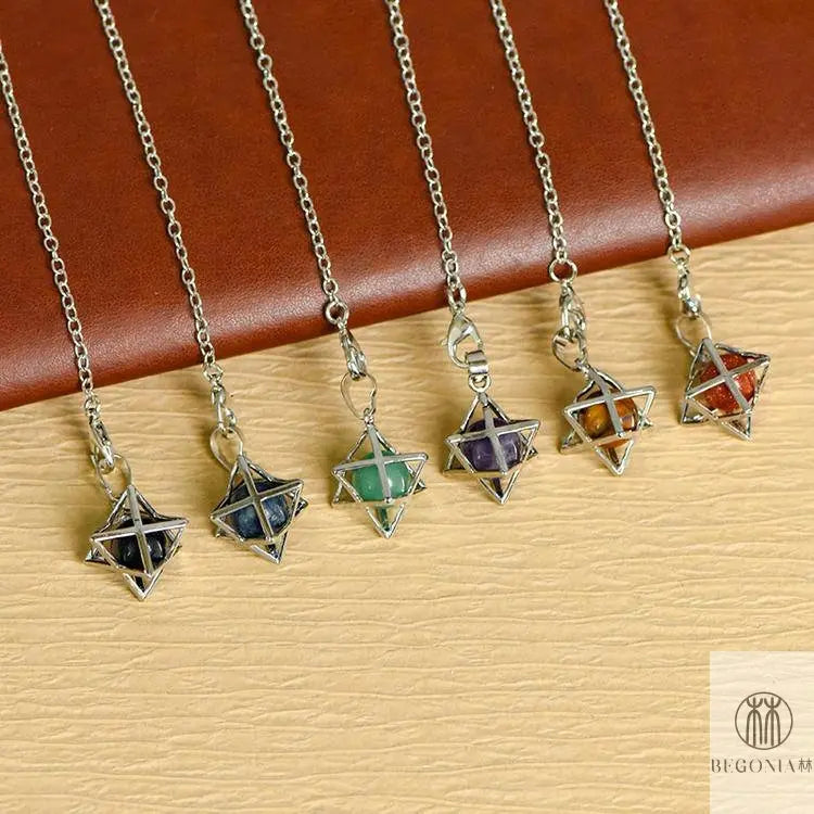Merkaba Crystal Pendulum Necklace (Hollow Metal Star Tetrahedron) - Begonia L