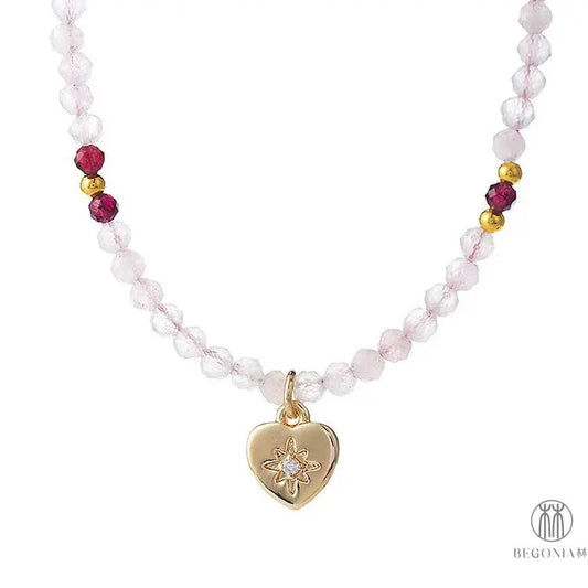 Rose Quartz Necklace: Eternal Love Heart Dainty Layering Piece - Begonia L