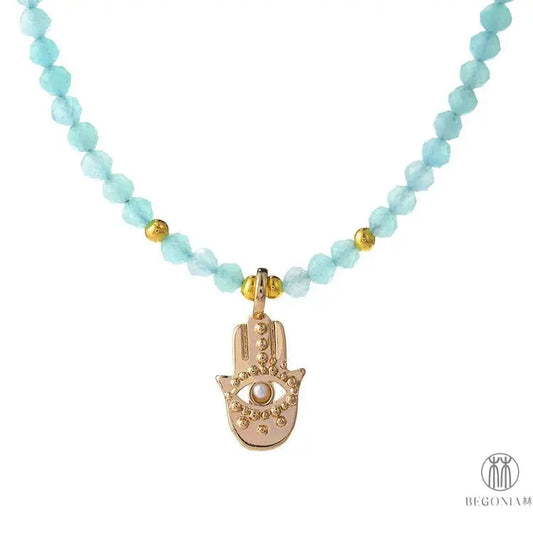 Amazonite Hamsa Necklace: Quiet Protection Evil Eye Hand Charm - Begonia L