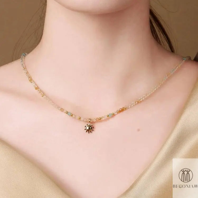 Citrine Necklace: Sunshine Calm Sun Pendant Dainty Layering Piece - Begonia L