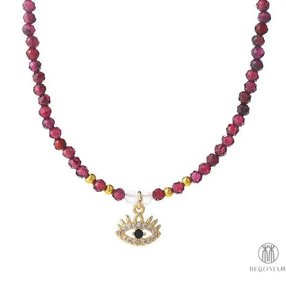 Guardian Eye Necklace: Garnet Protection Beaded Chain - Begonia L