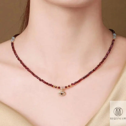 Guardian Eye Necklace: Garnet Protection Beaded Chain - Begonia L