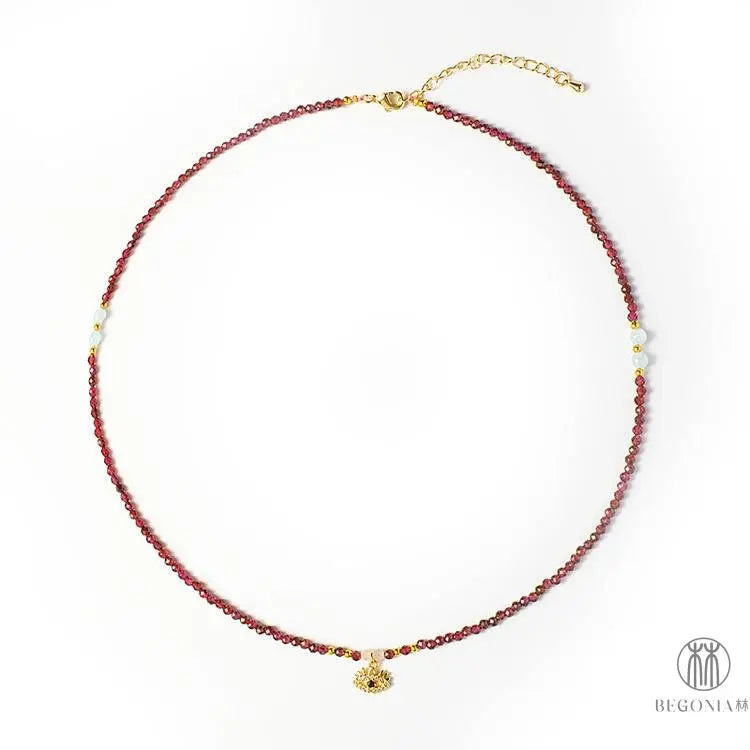 Guardian Eye Necklace: Garnet Protection Beaded Chain - Begonia L