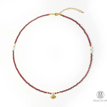 Guardian Eye Necklace: Garnet Protection Beaded Chain - Begonia L