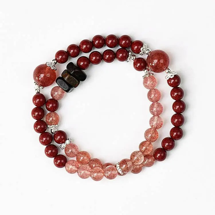 “Berry Wish” Strawberry Quartz × Cinnabar × Agarwood Double-Wrap Bracelet - Begonia L